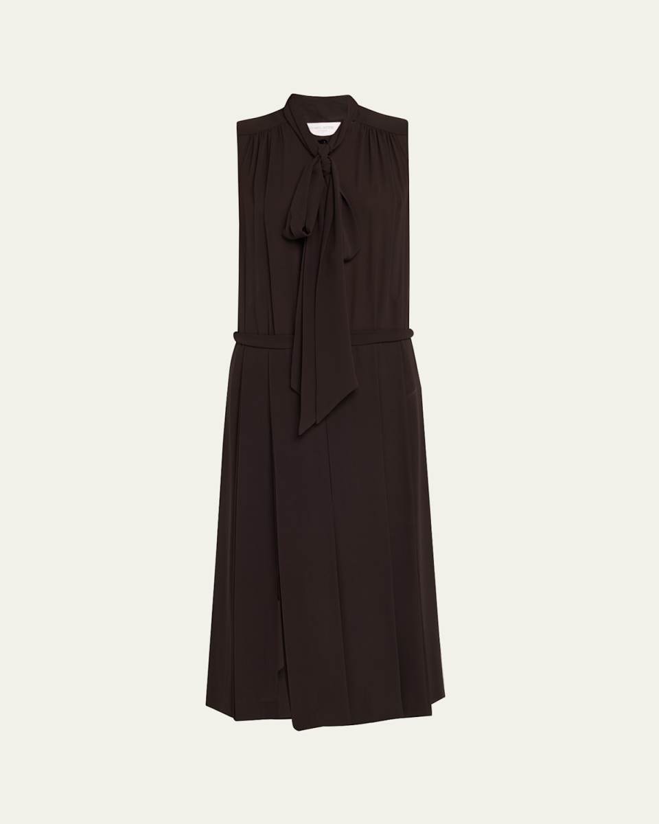 Scarf-Neck Pleated Silk Midi Shirtdress